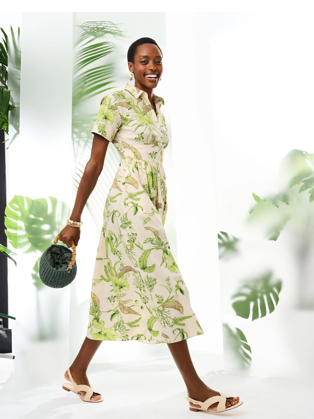 Floral-Printed Green Midi Shirt Dress with Tailored Waist